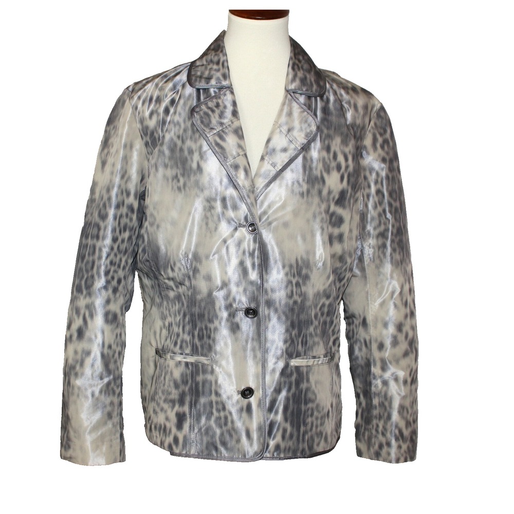 Chicos Women 2 (L/12) Blazer Silver Grey Metallic Leopard Print Button Up Jacket